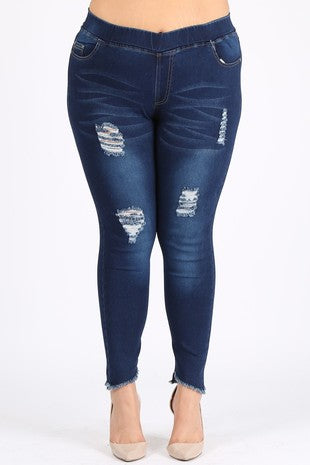 LEG-49 {Ready To Dance} Dark Blue Distressed Jeggings EXTENDED PLUS SIZE 4X/5X  5X/6X