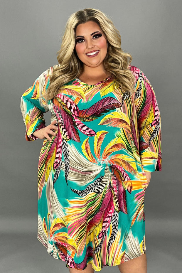 57 PQ-B {Feather On Time} Jade Feather Print Dress EXTENDED PLUS SIZE 3X 4X 5X