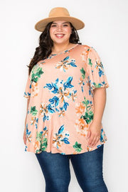 92 PSS {Letting Love In} Peach/Blue Floral Top PLUS SIZE 1X 2X 3X