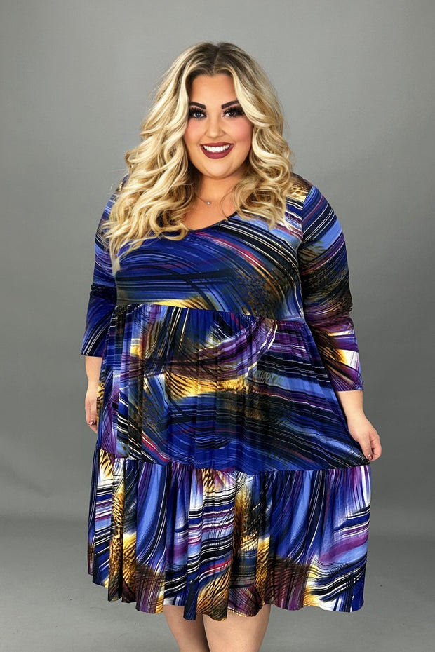 26 PQ {Always On Time} Blue Mixed Print V-Neck Tiered Dress PLUS SIZE 1X 2X 3X