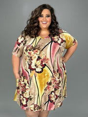 15 PSS-F {Show The World} Taupe/Pink Floral V-Neck Dress EXTENDED PLUS SIZE 3X 4X 5X