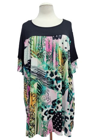 63 CP {Picture This} Green Mixed Print Tunic w/Black Contrast EXTENDED PLUS SIZE XL 2X 3X 4X 5X