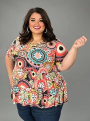 93 PSS-L {My Moment To Shine} Coral Mandala Print Tiered Top EXTENDED PLUS SIZE 3X 4X 5X