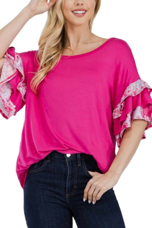 89 CP {See The Difference} Fuchsia Top w/Ruffle Sleeves PLUS SIZE XL 2X 3X