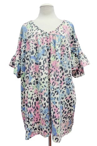 30 PSS {Show Your Wild Side} Blue/Pink Leopard Print Top EXTENDED PLUS SIZE 4X 5X 6X (Size Up 1 Size)