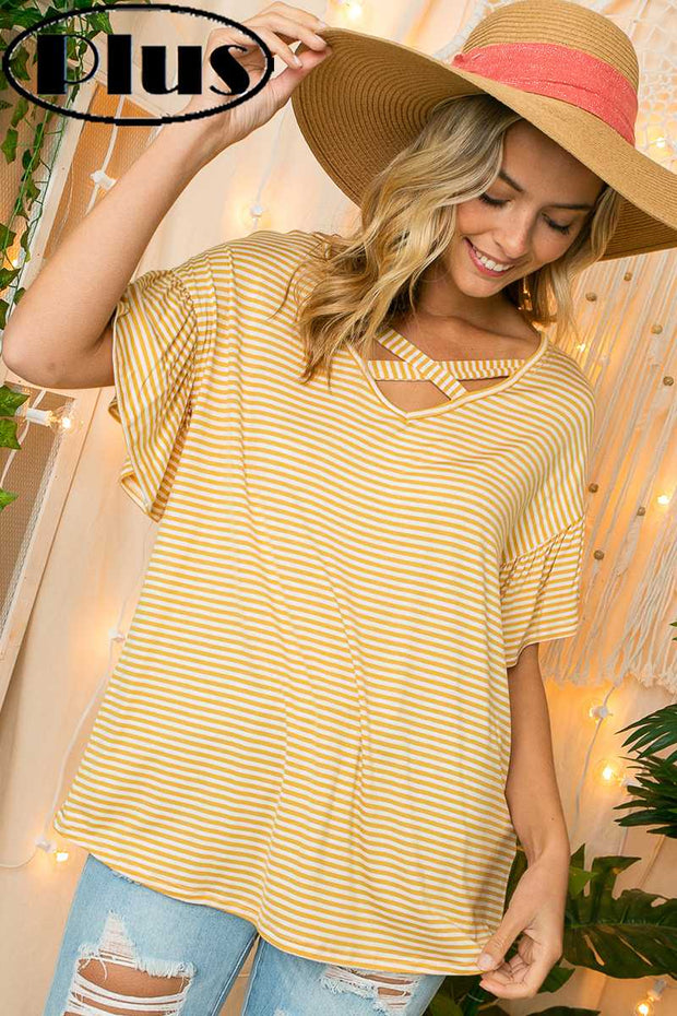 63 PSS-K {Colorful Life} Butterscotch Striped Criss-Cross Top PLUS SIZE XL 2X 3X