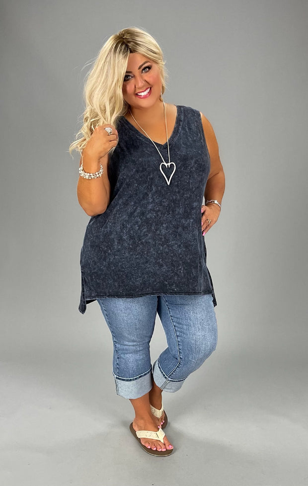 44 SV-J {Ease Along} Sapphire Mineral Wash Sleeveless Top PLUS SIZE 1X 2X 3X