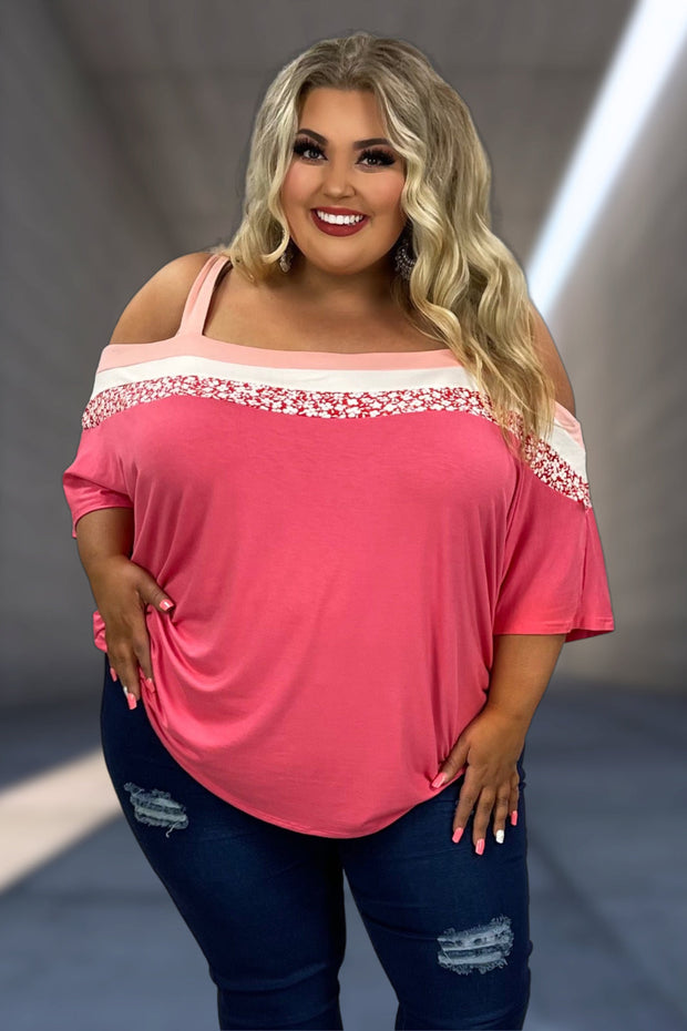 54 OS-D {Poppin In Pink} Ivory Pink Floral Print Top PLUS SIZE 1X 2X 3X