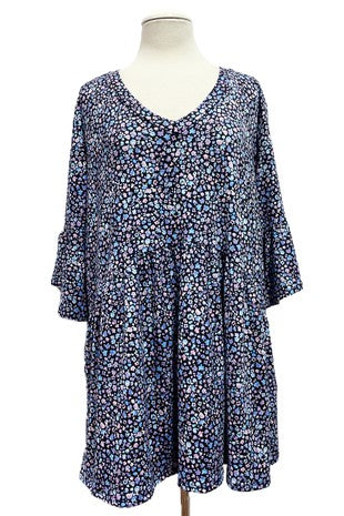 50 PQ {Little Flowers} Blue Ditzy Floral Babydoll Top EXTENDED PLUS SIZE 3X 4X 5X