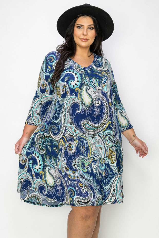 84 PQ {Paisley Me Crazy} Navy Paisley Print V-Neck Dress EXTENDED PLUS SIZE 1X 2X 3X 4X 5X