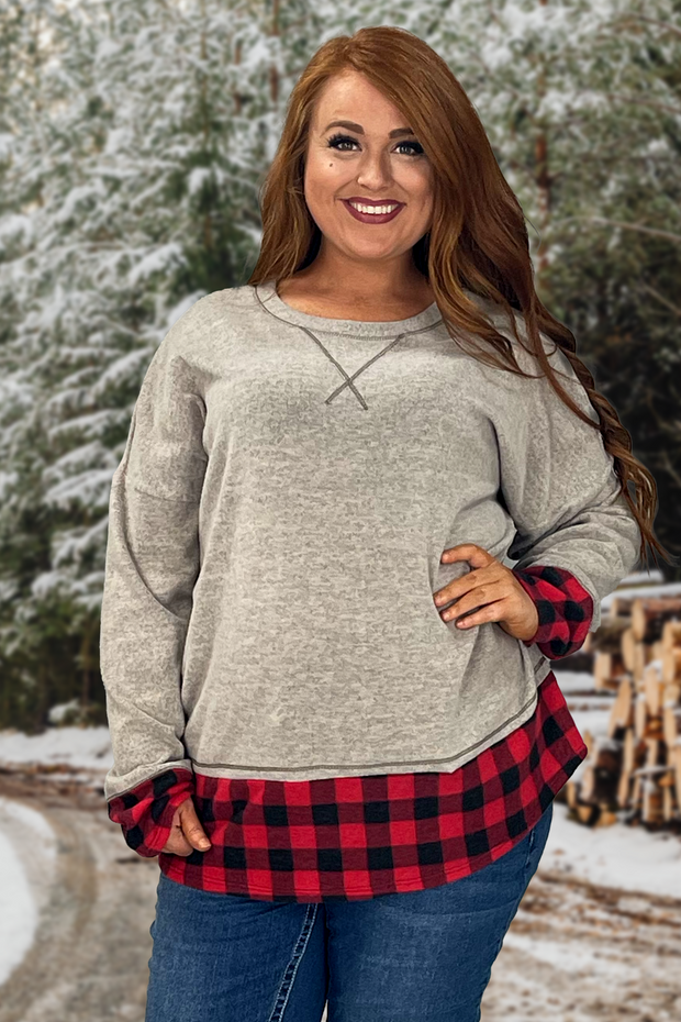 22 CP-G {Clear Your Schedule} SALE!  Grey Red Plaid Contrast Top PLUS SIZE XL 2X 3X