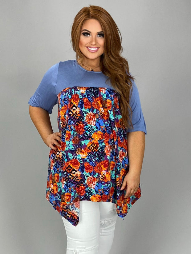 92 CP-I {Style Is Forever} Blue/Orange Floral Print Top PLUS SIZE XL 2X 3X