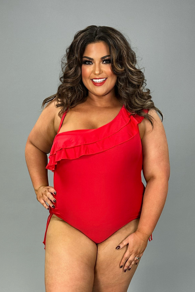SWIM-A {One Shoulder Wonder} Red Ruffled One Piece Swimsuit PLUS
