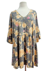 61 PSS {Loving Glance} Charcoal Floral Babydoll V-Neck Tunic EXTENDED PLUS SIZE 3X 4X 5X