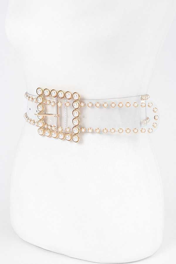 BELTS {A Clear View} Cream Faux Pearl Transparent Belt PLUS SIZE