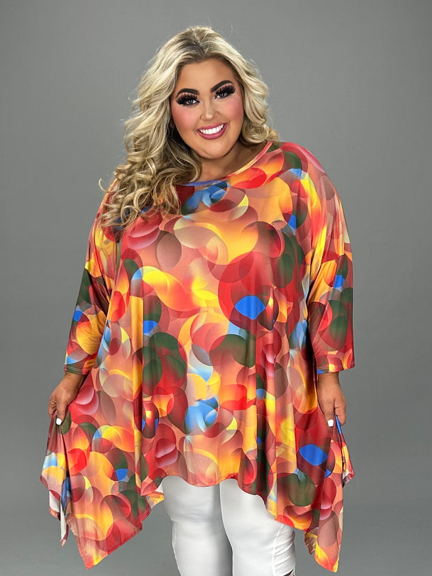 95 PQ {Obsessing Over You} Rust/Yellow/Blue Circle Print Top EXTENDED PLUS SIZE 3X 4X 5X
