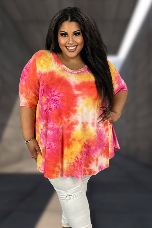 85 PSS {Just Roll With It} Pink/Yellow Tie Dye V-Neck Top EXTENDED PLUS SIZE 3X 4X 5X