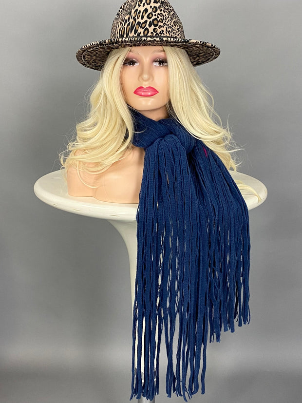 NAVY FASHION SCARF WITH CUT OUT FRINGE