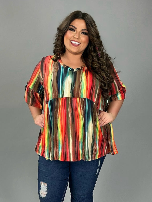 26 PQ-N {Spare Time} Red/Multi Stripe Print Babydoll Top EXTENDED PLUS SIZE 1X 2X 3X 4X 5X