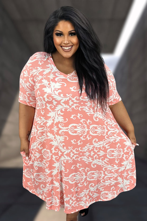24 PSS {Serene Dreams}  SALE! Peach/Ivory Print V-Neck Dress EXTENDED PLUS SIZE 3X 4X 5X