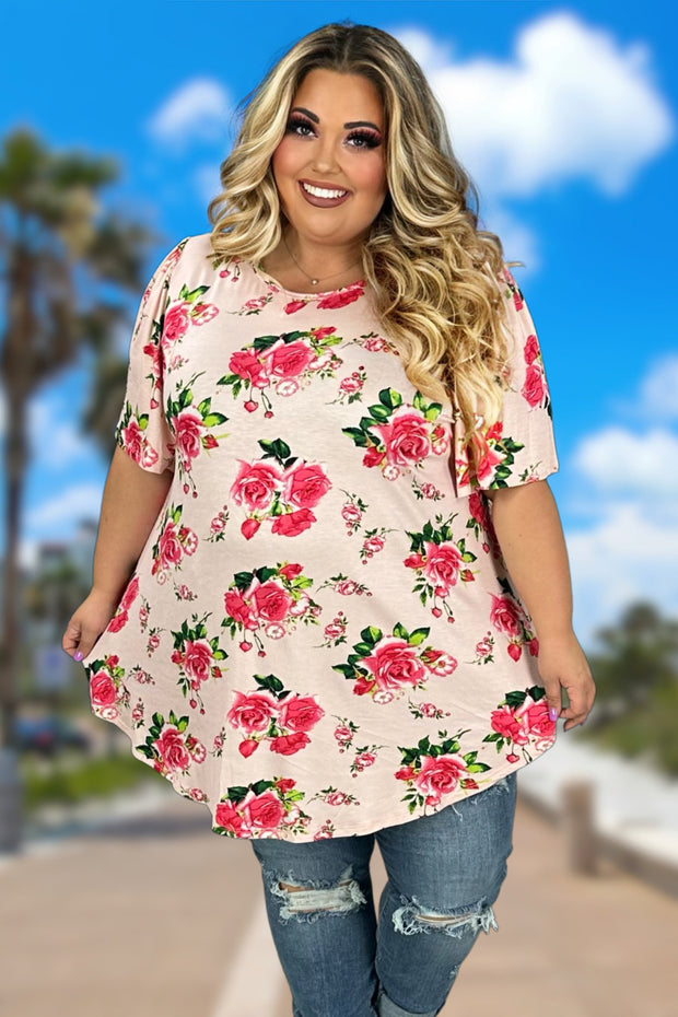 11 PSS-M {Buy Me Roses}  Peach Floral Print Tunic EXTENDED PLUS SIZE 3X 4X 5X
