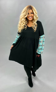 12 CP-C {Just Admit It} Black With Blue Tribal Printed Sleeve Tunic  PLUS SIZE XL 2X 3X
