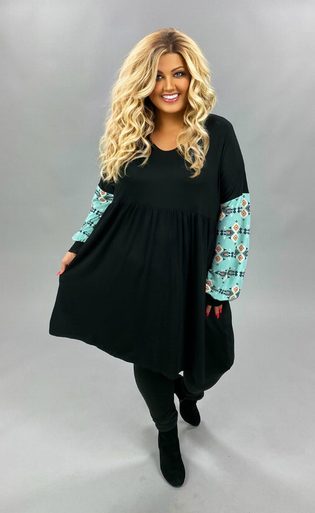 12 CP-C {Just Admit It} Black With Blue Aztec Sleeve Tunic SALE!!!  PLUS SIZE XL 2X 3X