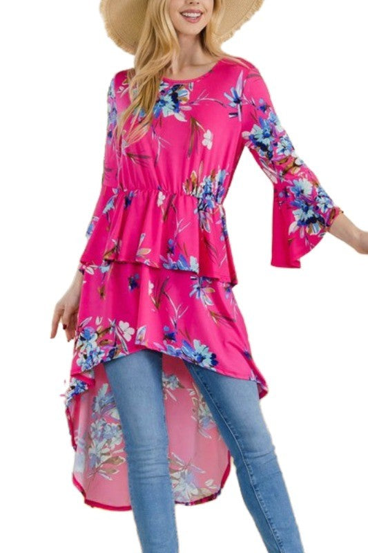 LD-Y {Making Big Moves} Fuchsia Floral High/Low Tunic PLUS SIZE 1X 2X 3X