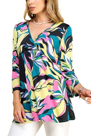 98 PQ {Make The Party} Black/Yellow Floral Print V-Neck Top PLUS SIZE XL 2X 3X