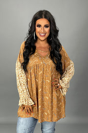 28 CP {Girl On The Go} Camel Paisley Print Top w/Floral Sleeves PLUS SIZE 1X 2X 3X