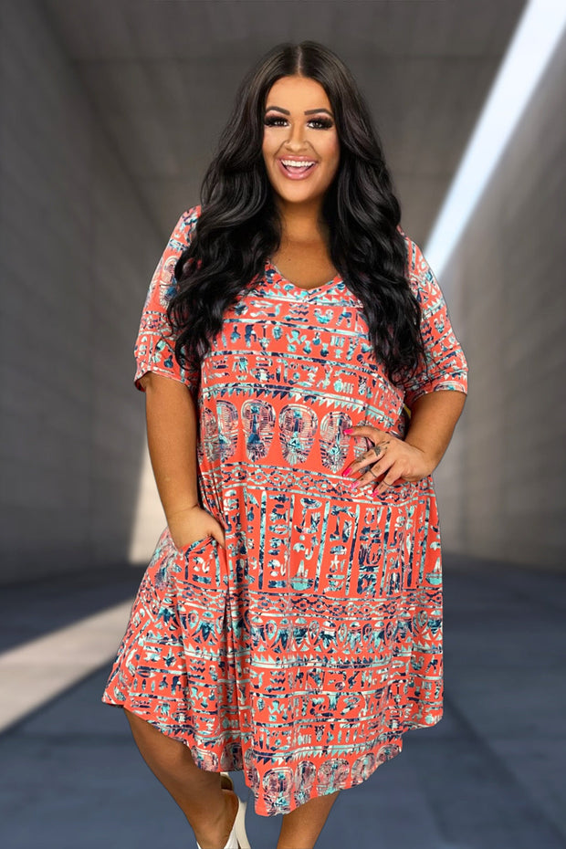 62 PSS {Rule The Runway} Coral Tribal Print V-Neck Dress EXTENDED PLUS SIZE 3X 4X 5X