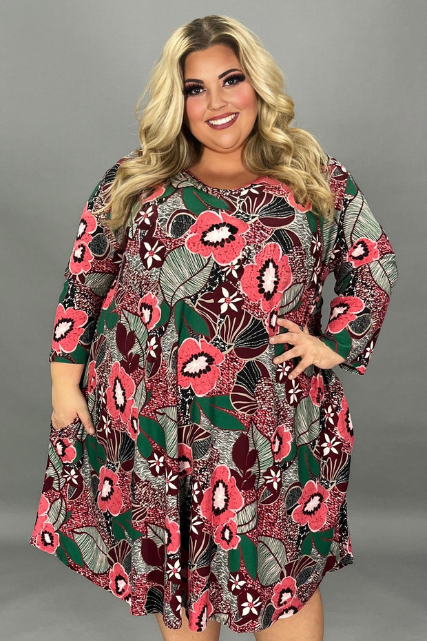 14 PQ-A {Something For Me} Burgundy Floral V-Neck Dress EXTENDED PLUS SIZE 3X 4X 5X