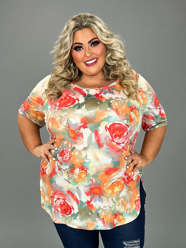 56 PSS-B {Whirlwind Floral} Peach Floral Top EXTENDED PLUS SIZE 4X 5X 6X