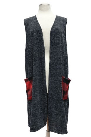 34 OT {Staying On Target} Charcoal Vest w/Plaid Pockets EXTENDED PLUS SIZE 4X 5X 6X