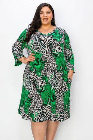 26 PQ {Perfect Chance} Green/Black Paisley Print Dress EXTENDED PLUS SIZE 3X 4X 5X