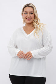 30 SD {Comfy Glam} VOCAL Off White Rhinestone V-Neck Top PLUS SIZE XL 2X 3X