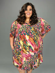 98 PSS-P {One In A Million} Pink/Teal Print V-Neck Dress EXTENDED PLUS SIZE 3X 4X 5X