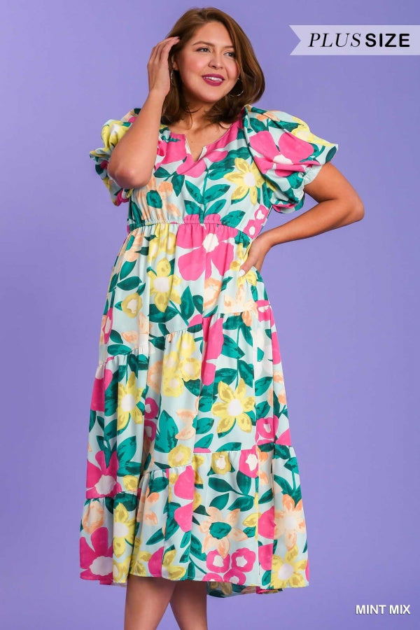 LD-Y {Bloom With Love} Umgee Mint Lg. Floral Print Dress PLUS SIZE XL 1X 2X