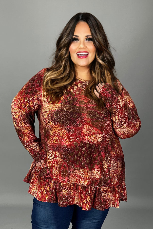 51 PLS {Sass And Flare} Rust Metaillic Print Ruffle Hem Top EXTENDED PLUS SIZE 4X 5X 6X