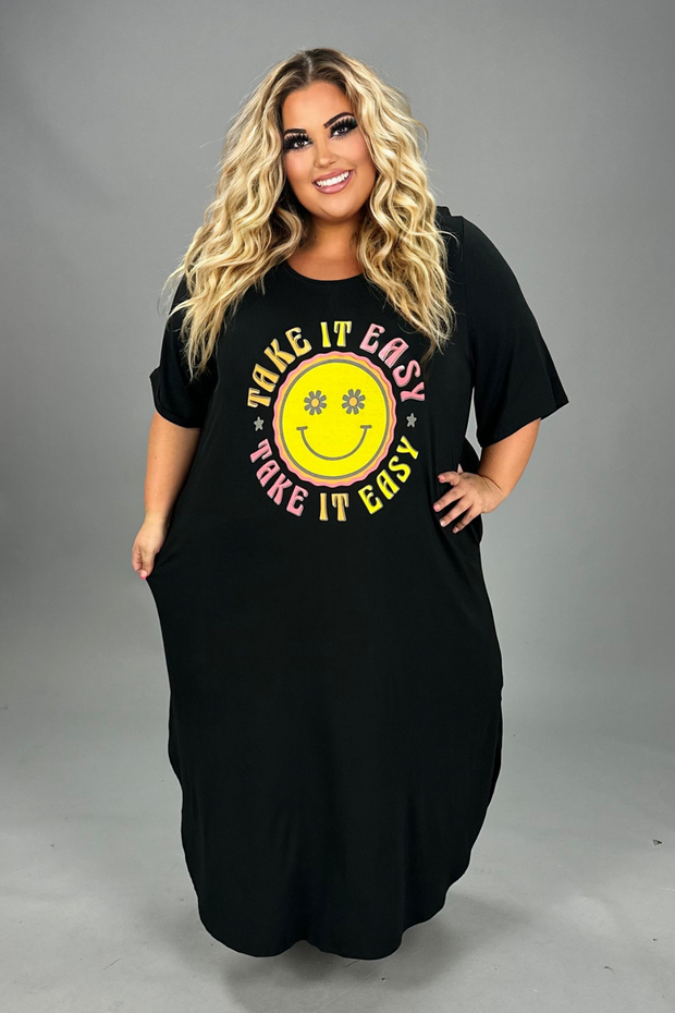 LD-U {Take It Easy Smiley} Black Graphic Print Dress CURVY BRAND!!!  EXTENDED PLUS SIZE XL 2X 3X 4X 5X 6X