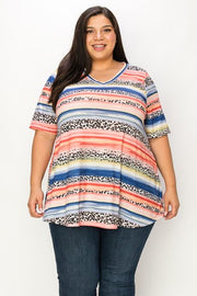 98 PSS {Tell Me How} Coral/Blue Leopard Stripe Print Top EXTENDED PLUS SIZE 4X 5X 6X