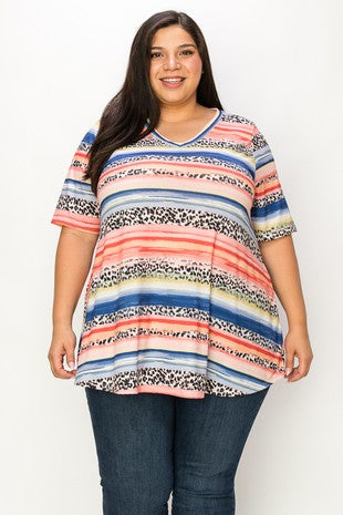 98 PSS {Tell Me How} Coral/Blue Leopard Stripe Print Top EXTENDED PLUS SIZE 4X 5X 6X