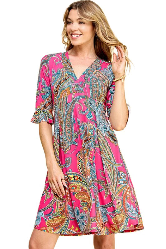 45 PSS-D {Life's A Dance} Fuchsia Paisley Printed Dress PLUS SIZE 1X 2X 3X