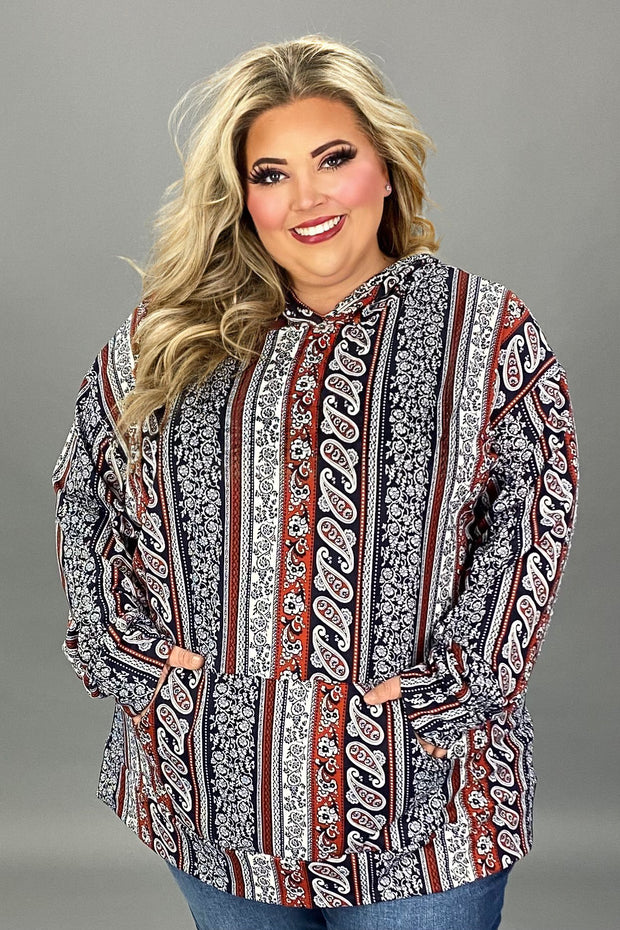 30 HD {Naturally Nostalgic} Navy/Brown Paisley Print Hoodie EXTENDED PLUS SIZE 3X 4X 5X