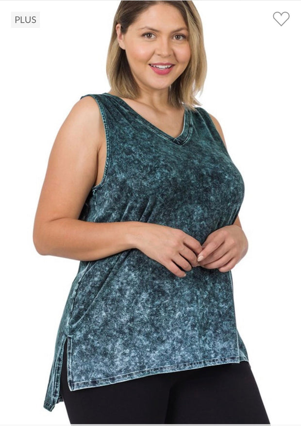 44  SV-F {Ease Along} Deep Aqua Mineral Wash Sleeveless Top PLUS SIZE 1X 2X 3X