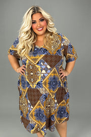 71 PSS {Spectacular View} Brown/Blue Print V-Neck Dress EXTENDED PLUS SIZE 3X 4X 5X