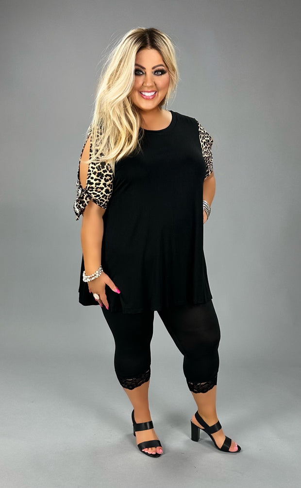 54 CP-A {Cultivated Allure} Blk Leopard Tied Sleeve Contrast Top PLUS SIZE 1X 2X 3X