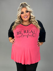 53 GT {Be Real Not Perfect} Coral Pink Black Graphic Tee CURVY BRAND!!!  EXTENDED PLUS SIZE 1X 2X 3X 4X 5X 6X