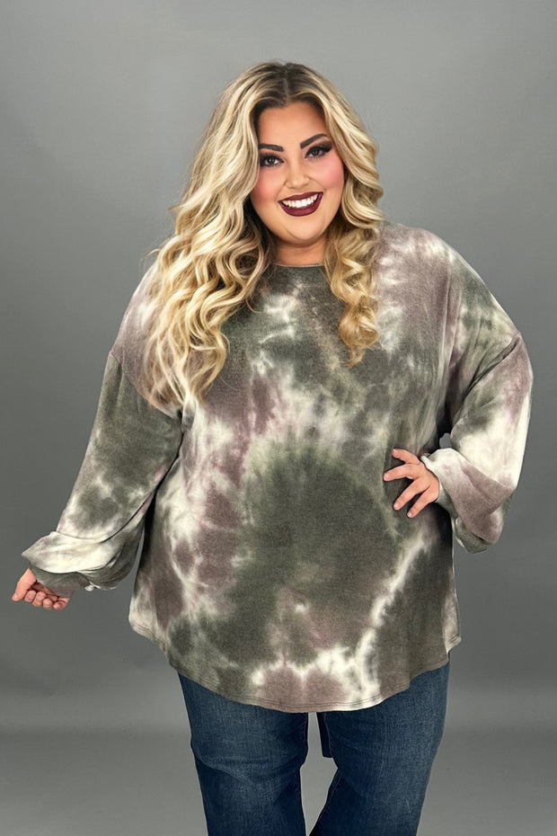 18 PLS {Where I Am} Olive Tie Dye Bubble Sleeve Top EXTENDED PLUS SIZE 3X 4X 5X