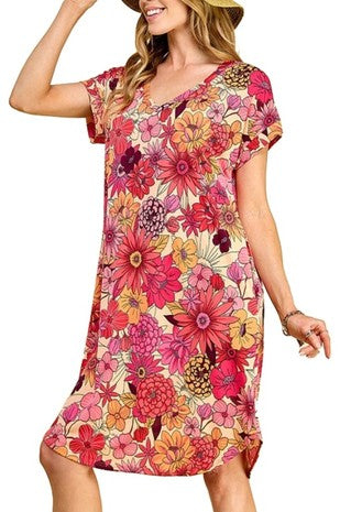 99 PSS {Obsessed With Flowers} Fuchsia Floral V-Neck Dress PLUS SIZE XL 2X 3X